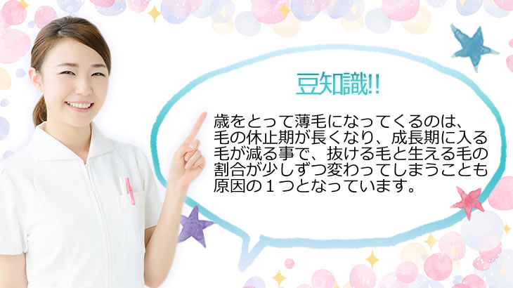 歳を取って薄毛になってくる人は休止期の毛髪が増え、成長期の毛髪が減っているからです。